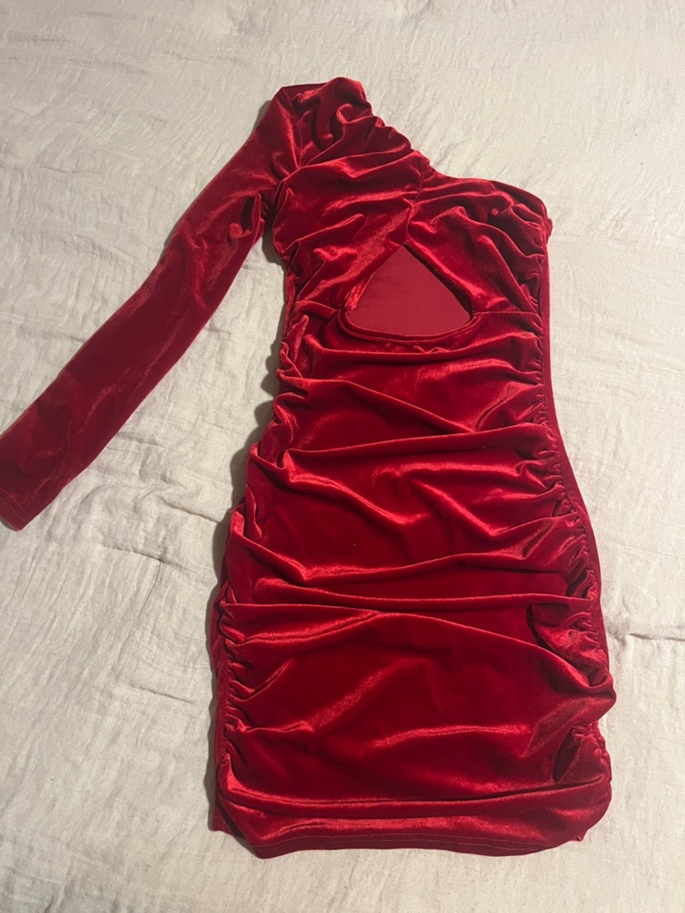 SHEIN Red Velvet One-Shoulder Ruched Cutout Mini Dress